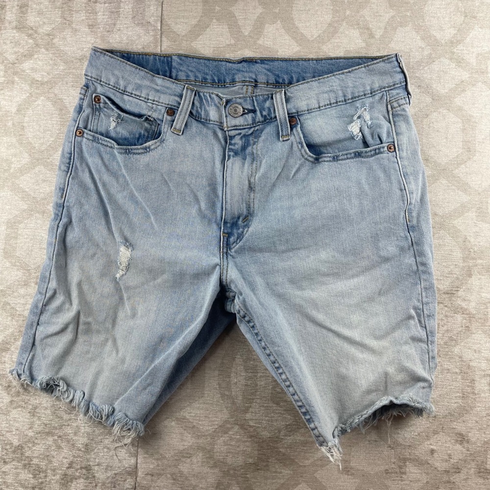 Levi's 412 Slim Fit Mens 32 Light Wash Distressed Frayed Denim Shorts Cotton
